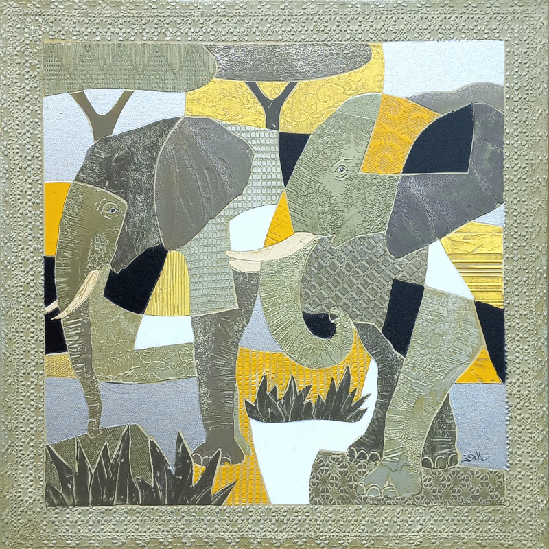 60x60cm ELEPHANTS. Aspect argent et jaune